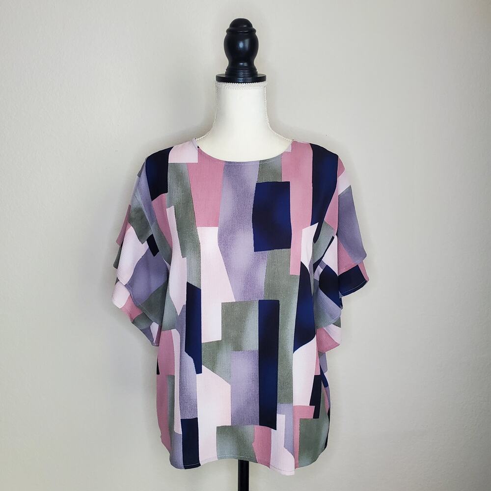 BoBeau Abstract Geo Print Ruffle Blouse XS